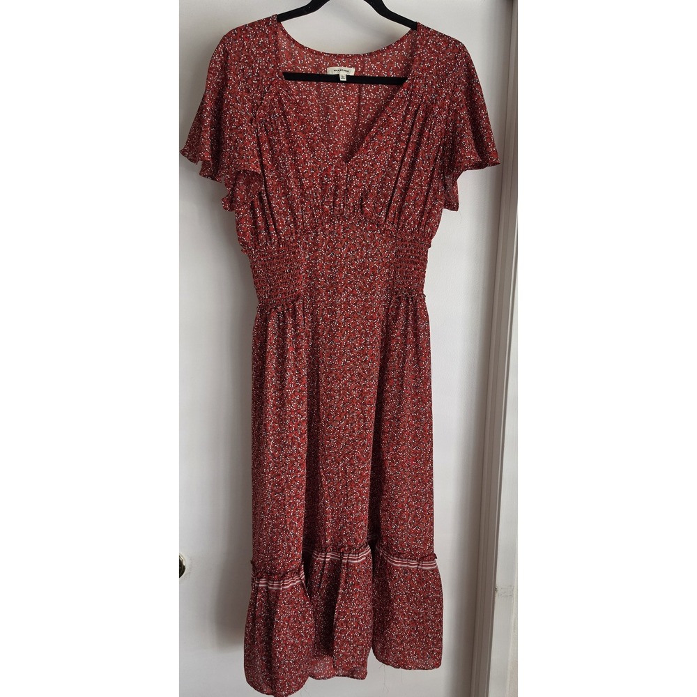Max Studio Maxi Dress L Red Floral V-Neck Short Sleeve Women Gown Frock